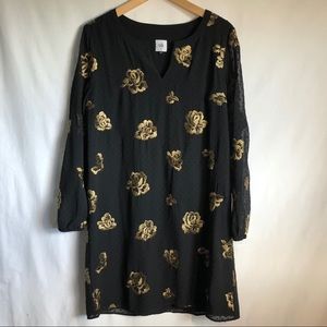 Gold Floral embroidered oversized blk shift dress